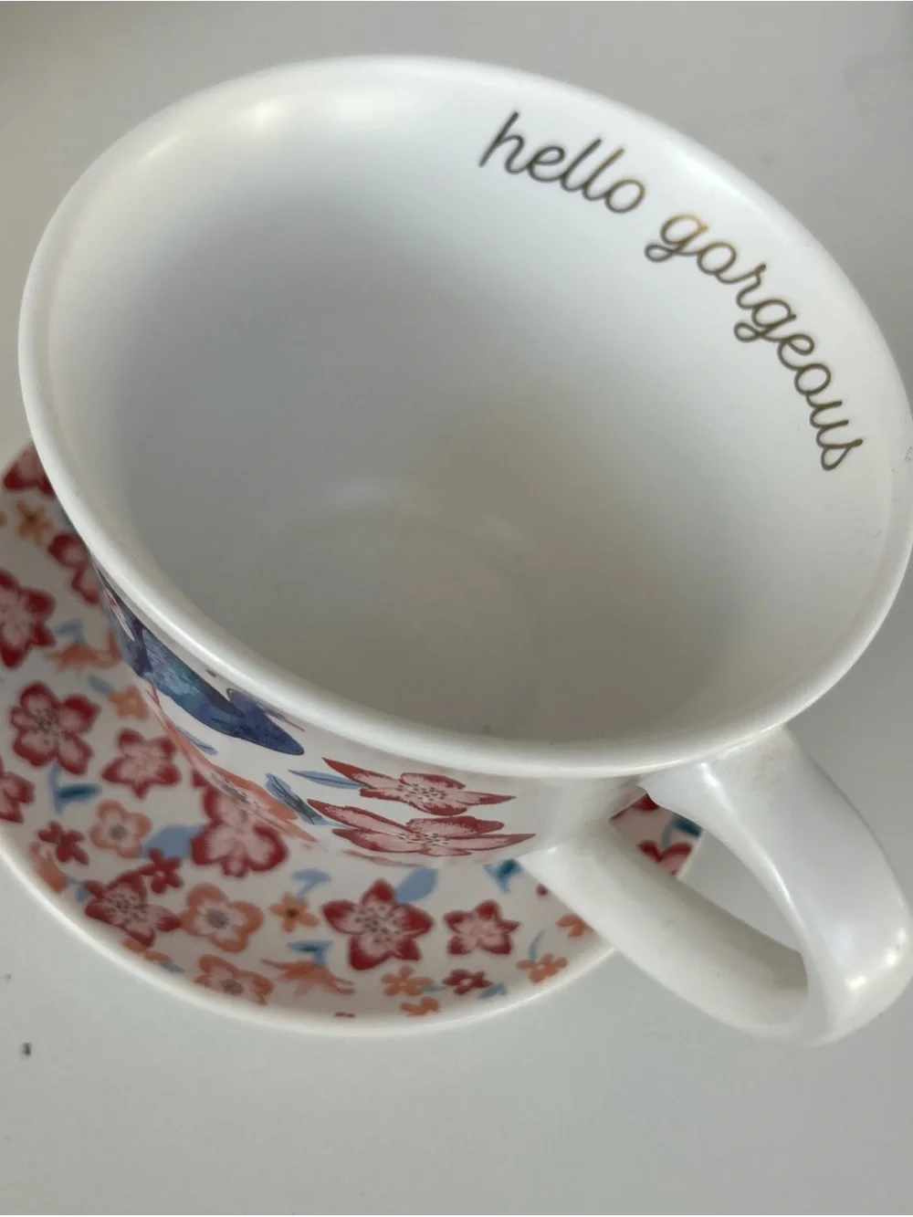 Opalhouse White Tea Cup and Saucer with Blue Peacock and Pink Floral Design
